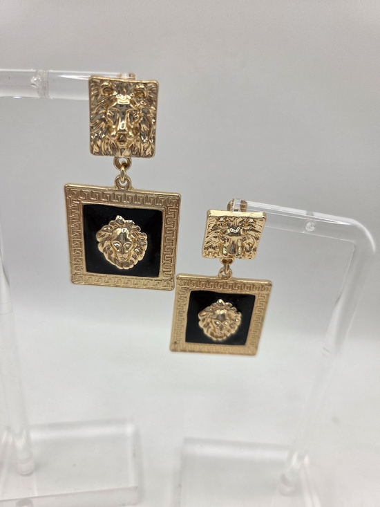 Mikayla Jewelry - Mikayla Gold Lion Head Post With Dangle Lion Head Set In Black Enamel Earrings